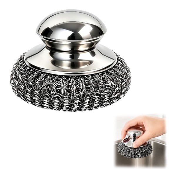 Stainless Steel Scrubber Brush Set – Heavy Duty Steel Wool Scrubber with Handle for Dishes, Pots, Pans, Grill, Stovetop & Sink(1pc)