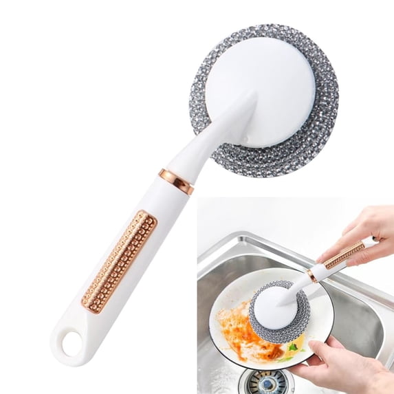 Stainless Steel Scrubber, Cooking Brush, Long Handle Stainless Steel Dish Scrubber Brush Non-Slip Grip Heavy Duty Metal Brush Rust Resistant Multi-Purpose Cleaning Tool White 1Pcs