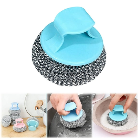 Stainless Steel Scrubber with Handle, Kitchen Cleaning Scrub Brushes, Pot Scrubber, Heavy Duty Pot Scrubbers, Steel Scrubber for Dishes, Dish Scrubber