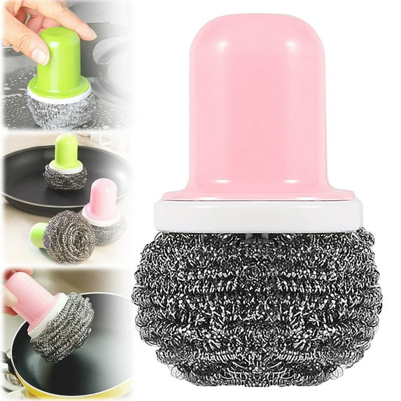 Stainless Steel Scrubber with Handle, Metal Scouring Pads, Metal Scrubber, Steel Wool Scrubber Tool, Scrubbing Scouring Brush Pad for Cleaning Dishes, Pots, Pans, Sink, Home and Restaurant Use