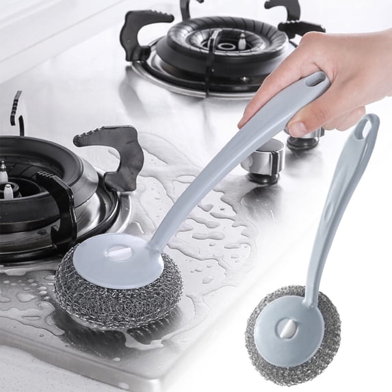 Stainless Steel Scrubber,Kitchen Cleaning Stainless Sponge with Long Handle Scouring Brush Wool Scrubber Pot Scrubbers Dish Scrubber Household Kitchen Cleaning Tool(Light Blue)
