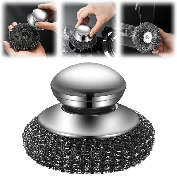 Stainless Steel Scrubber Set with Ergonomic Handle, 1 Pack Kitchen Pot Scrubbers with 6 Replacement Pads, Non-Scratch Heavy Duty Scouring Tool for Dishes, Pots, Pans, Grill, Silver