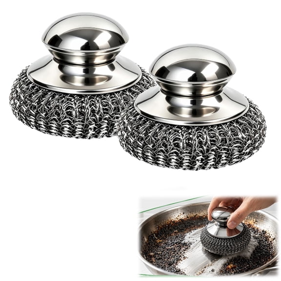 Stainless Steel Scrubber with Handle, Steel Wool Pads for Cleaning Dishes Pots Pans Grill, Kitchen Sink Scrubber (2 PCS)