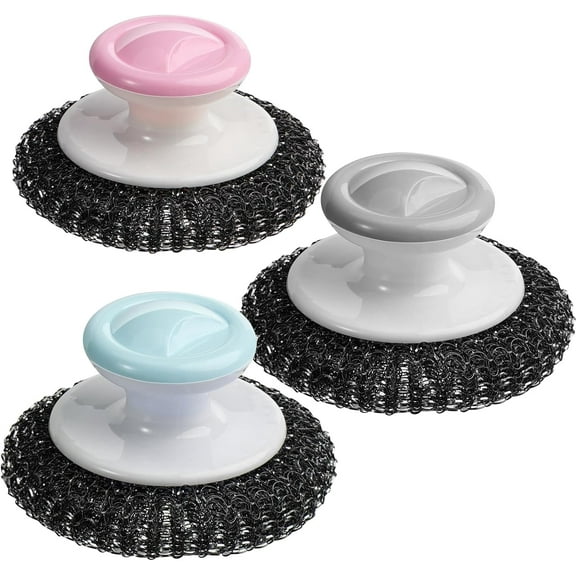 Stainless Steel Scrubber with Handle, Steel Wool Scrubber for Cleaning Dishes, Metal Sponges for Pots, Pans, Grills(3 Pcs)