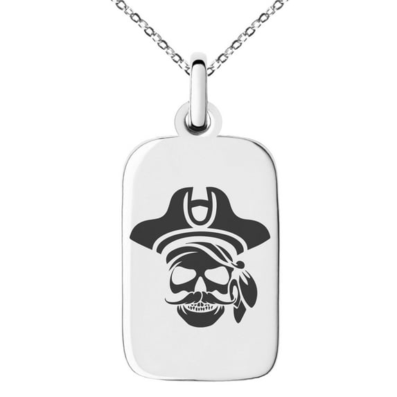 Stainless Steel Sea Dog Pirate Skull Emblem Engraved Small Rectangle Dog Tag Charm Pendant Necklace