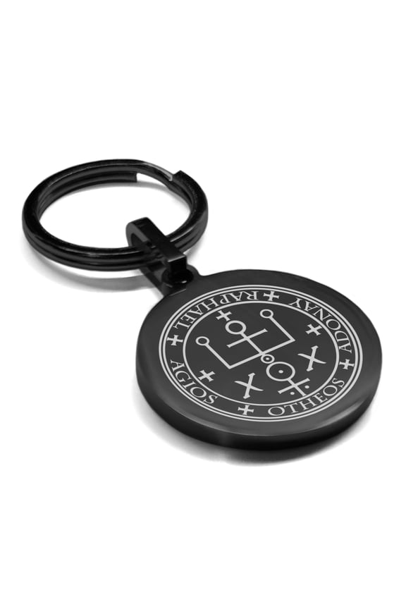 Stainless Steel Seal of Archangel Raphael Round Medallion Keychain Circle Ring