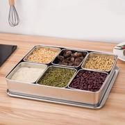 Stainless Steel Seasoning Box with Lid and Holder Tray, 6 Compartments Rectangle Masala Dabba Spice Container, Indian Masala Box Organizer Set for Kitchen Condiment Storage