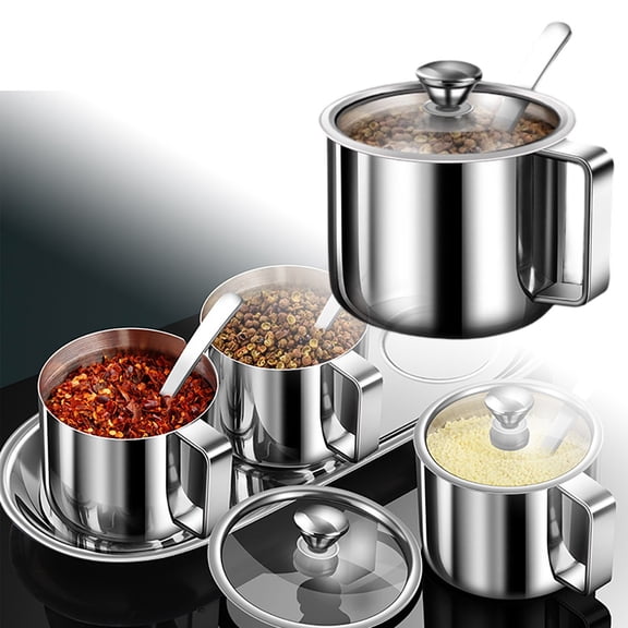 Stainless Steel Seasoning Container With Lid And Spoon, 450ml Ghee Jar, Clear Lid For Easy Identification, White