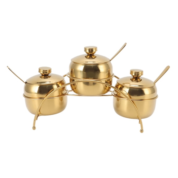 Stainless Steel Seasoning Jar Set, Set of 3 Salt and Pepper Sugar Jar with Lid and Spoon Kitchen Seasoning Bottles with Storage Rack [Gold]