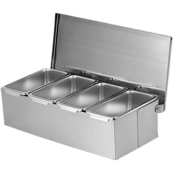 Stainless Steel Seasoning Organizer Box, Stainless Steel Masala Box, Four Compartment Spice Shaker Jars and Pots, Condiment Cruet Bottle and Storage Organizer Kitchen Supplies