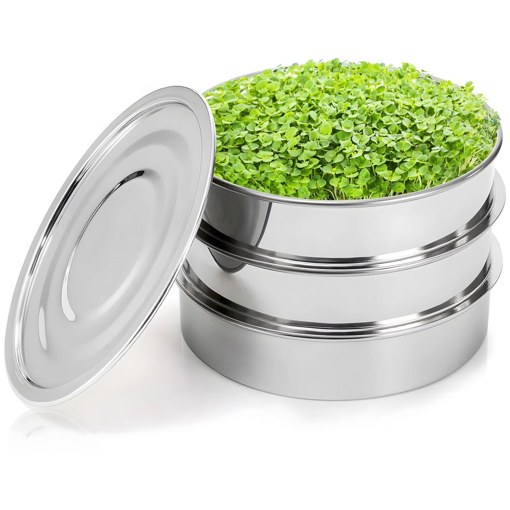 Stainless Steel Seed Sprouting Kit with Encrypted Mesh, 3-Tier Stackable Sprout Growing Tray, Round Seed Sprouting Grower, Germination Tray for Microgreens, Beans, Broccoli Sprouts, Wheat Grass