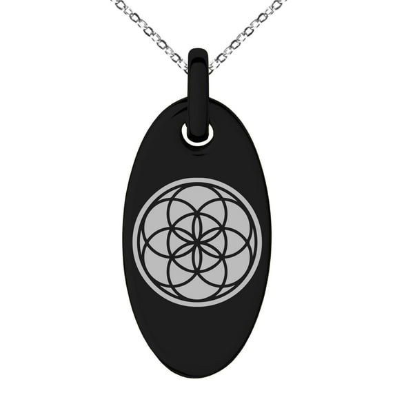 Tioneer Stainless Steel Seed of Life Engraved Small Oval Charm Pendant Necklace