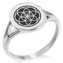 Stainless Steel Seed of Life Minimalist Oval Top Polished Statement Signet Ring