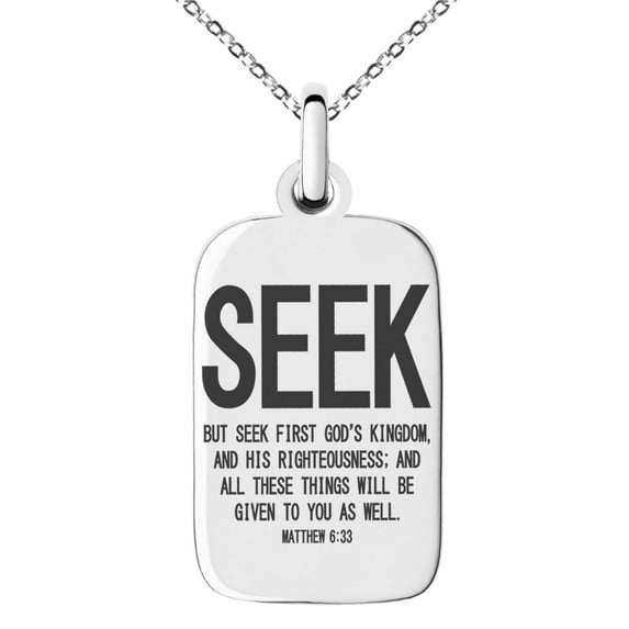 Stainless Steel Seek First God's Kingdom Matthew 6:33 Engraved Small Rectangle Dog Tag Charm Pendant Necklace