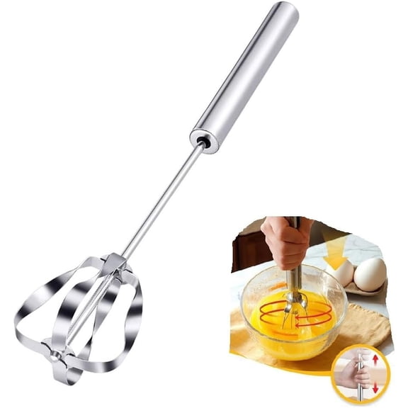 Stainless Steel Semi-Automatic Whisk 10-Inch, Rotary Hand Push Mixer Stirrer Tool for Kitchen Cooking Blending Whipping, Silver