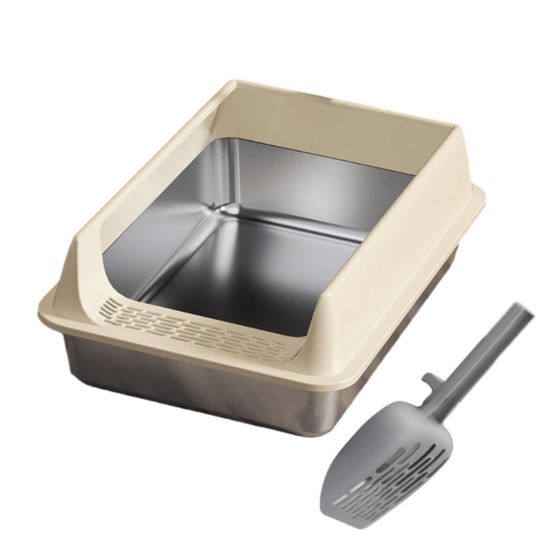 Yiran Medium Size Stainless Steel Semi Enclosed Cat Litter Box, Khaki