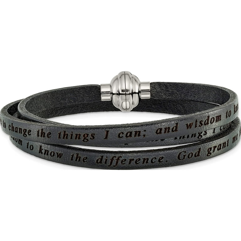 Stainless Steel Serenity Prayer Black Leather Wrap 23.5 Inch Bracelet Stainless Steel Serenity Prayer Black Leather Wrap 23.5 Inch Bracelet
