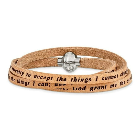 Stainless Steel Serenity Prayer Tan Leather Wrap 23.5 in. Bracelet - Large