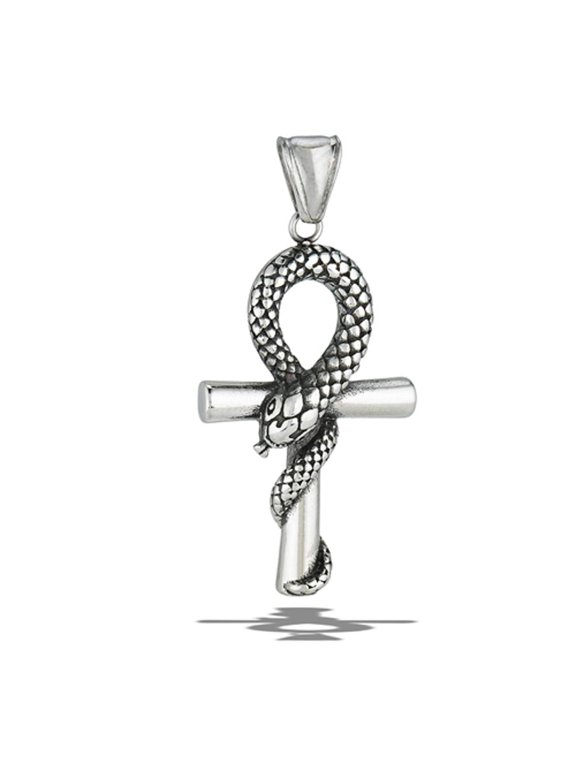 Stainless Steel Serpent Enveloping Ankh Pendant Snake Key of Life Charm Gray Jewelry Female Unisex