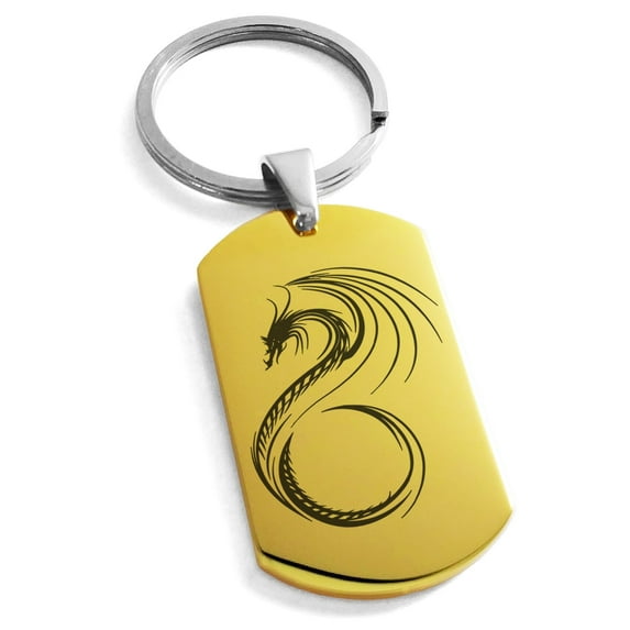 Tioneer Stainless Steel Serpentine Dragon Engraved Dog Tag Keychain Keyring