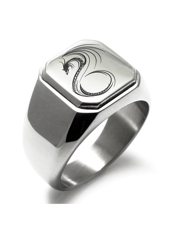 Stainless Steel Serpentine Dragon Engraved Square Flat Top Biker Style Polished Ring