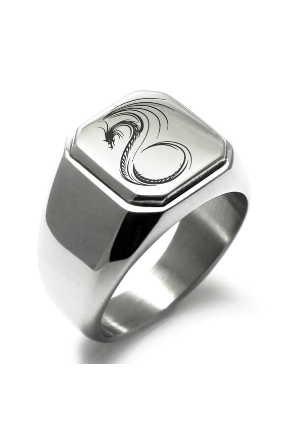 Stainless Steel Serpentine Dragon Engraved Square Flat Top Biker Style Polished Ring