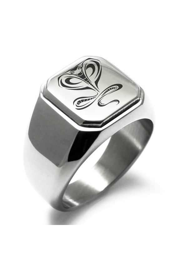 Stainless Steel Serpentine King Cobra Engraved Square Flat Top Biker Style Polished Ring