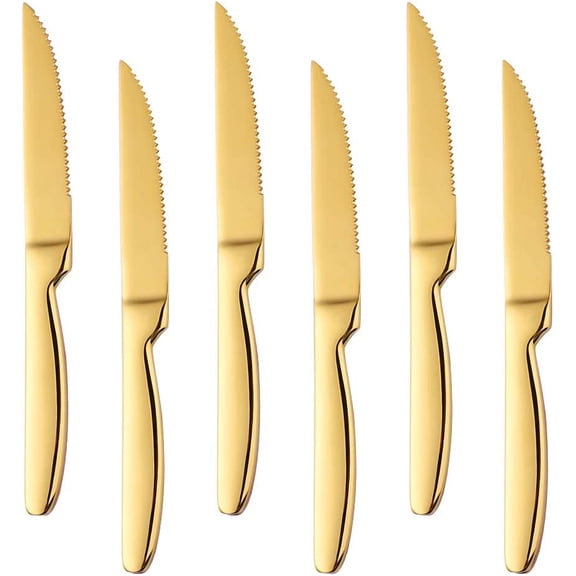 Stainless Steel Serrated Steak Knife Set of 6, BuyGo Gold Color Heavy Duty Dinner Table Knives for Cutting Meat, Beef, 8.6 Inch, Dishwasher Safe