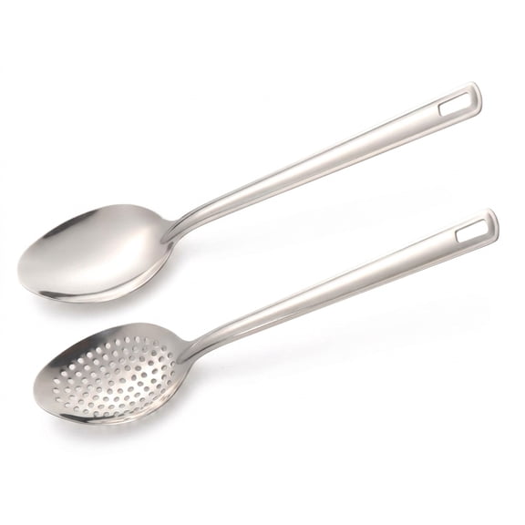 Stainless Steel Serving Spoon Set, 2-Piece 10.92-Inch Slotted and Pointed Utensils for Soup or Pasta