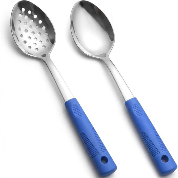 Stainless Steel Serving Spoon Set with Non-Slip Silicone Handles, 2-Piece Servin