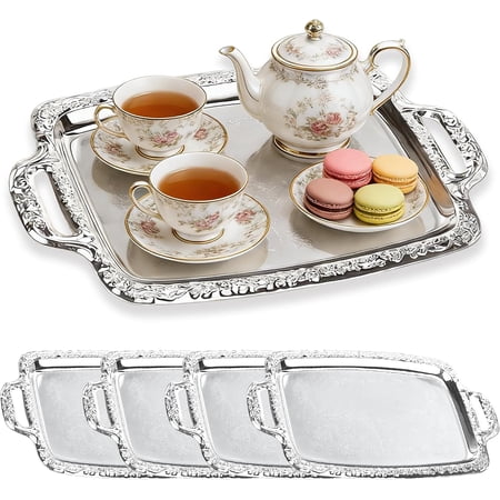 Stainless Steel Serving Tray - 4-Pack Silver with Handles, 15.4 x 9.3 Inch Floral Engraved Mirror Tray Decorative Metal Platters for Food, Wedding Party BBQ Birthday Charcuterie & Vanity