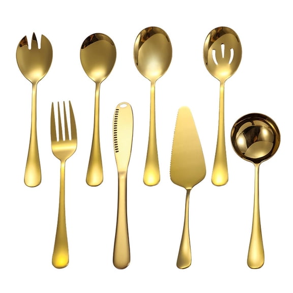 Stainless Steel Serving Utensils Set of 8 - 8" Mirror Finish Buffet Forks & Slotted Spoons, Catering & Dinner Party Tableware, Dishwasher Safe