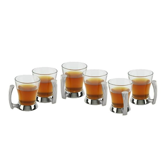 Stainless Steel Set of 6 Tea/Coffee Cups with Beautiful Two Tone Silver Handle Design