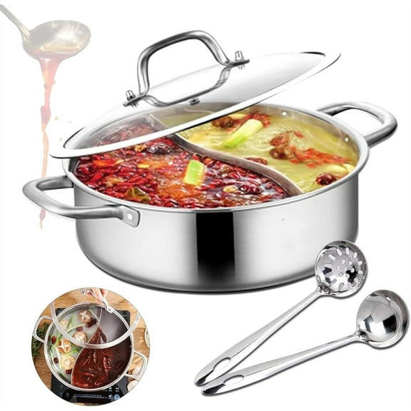 Stainless Steel Shabu-Hot-Pot Clear Cut Cookware Soup Pasta Pot Meat Pot With Double-Sided Divider And 2 Soup Ladles For Induction Cookers[Energy Class A]