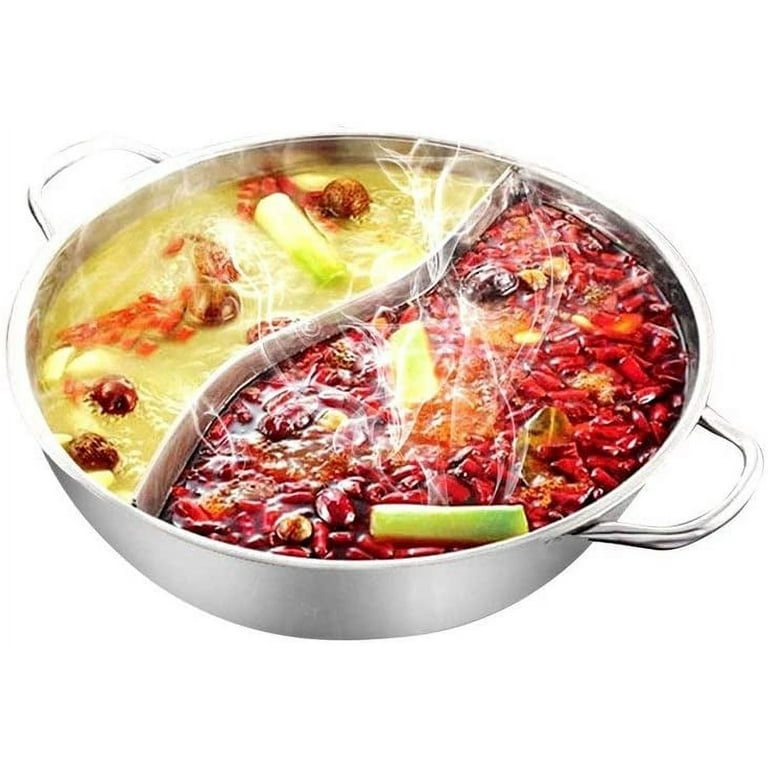 Stainless Steel Shabu Hot Pot with Divider for Induction Cooktop Gas  Stove,Without Cover 