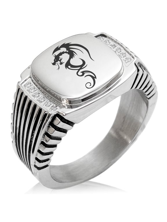 Stainless Steel Shadow Dragon CZ Ribbed Needle Stripe Pattern Biker Style Polished Ring