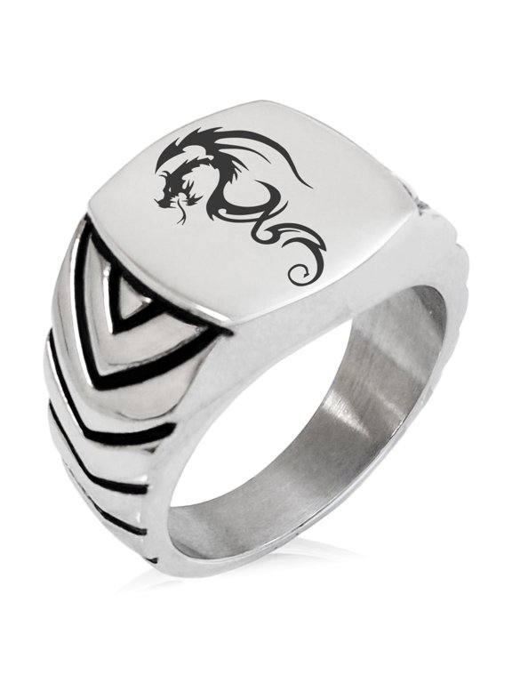 Stainless Steel Shadow Dragon Chevron Pattern Biker Style Polished Ring