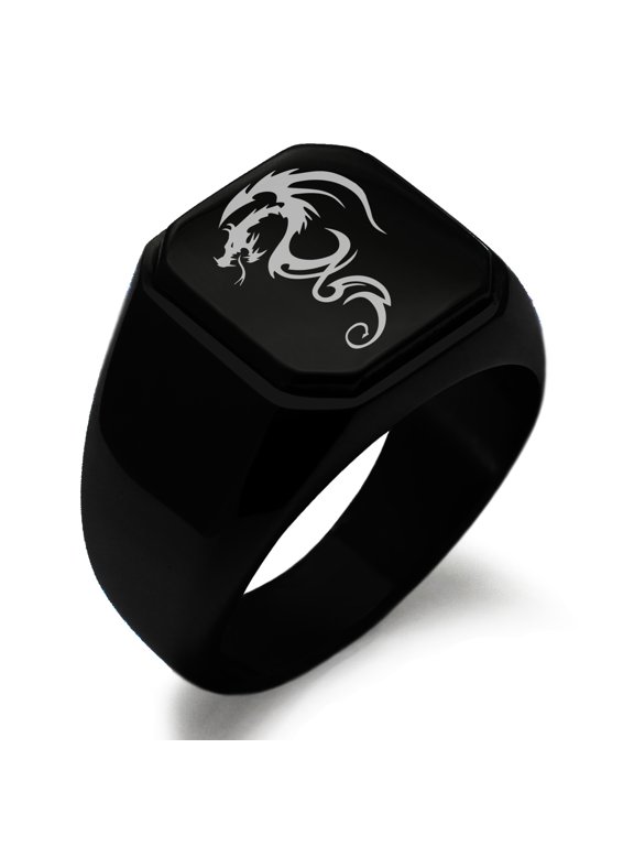 Stainless Steel Shadow Dragon Engraved Square Flat Top Biker Style Polished Ring