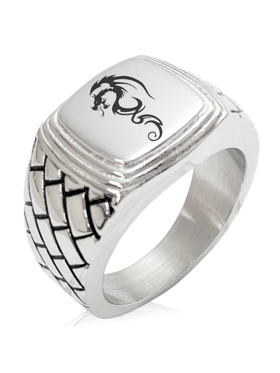 Stainless Steel Shadow Dragon Geometric Pattern Step-Down Biker Style Polished Ring
