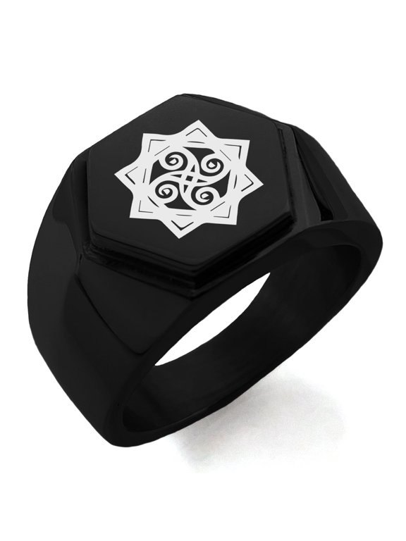 Stainless Steel Shadow Magic Rune Engraved Hexagon Crest Flat Top Biker Style Polished Ring