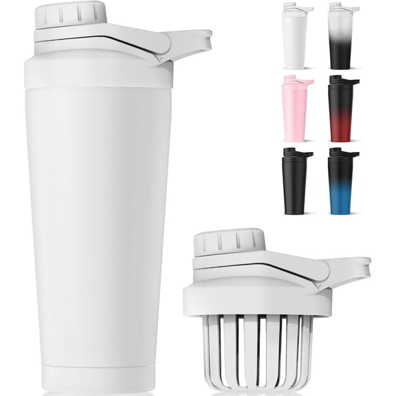 Stainless Steel Shaker Bottle with Noise-Free Design -  24 oz Insulated Metal Shakers Bottles Cup for Protein Mixes and Pre Workout  Leak Proof (White)