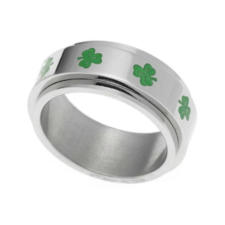 Stainless Steel Shamrock Spinner Ring with Green Enamel size 6