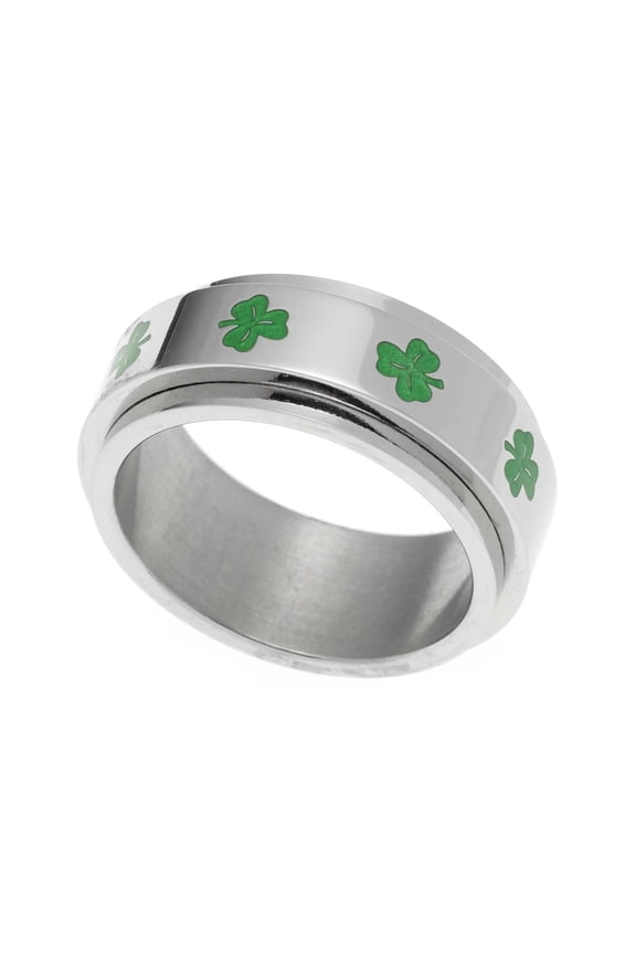 Stainless Steel Shamrock Spinner Ring with Green Enamel size 6
