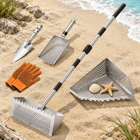 Stainless Steel Shark Tooth Sand Flea Rake Sifter with 16-inch Wide Drainmesh and 55-inch Long Handle