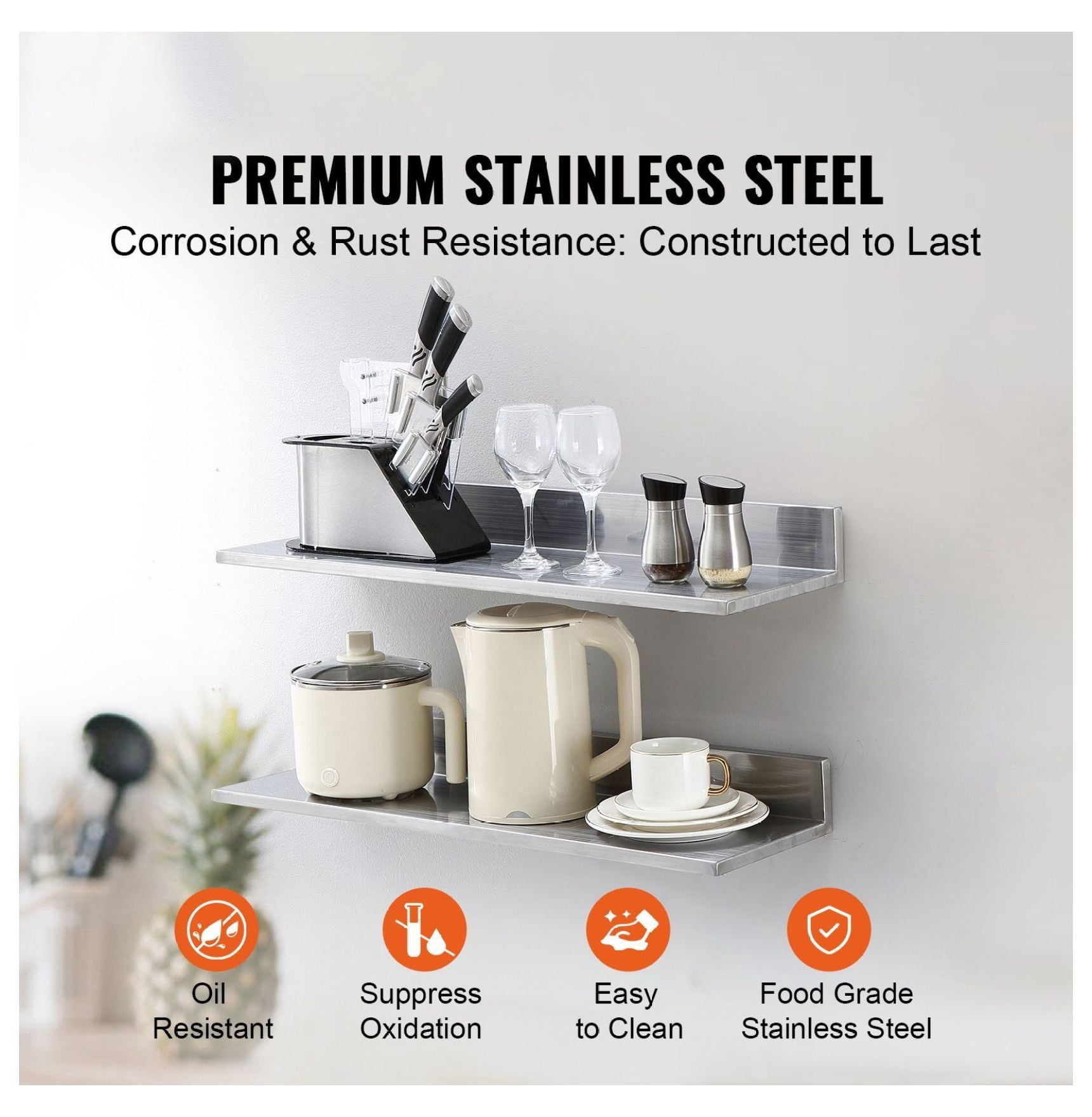 Stainless Steel Shelf 8.6x30 inch, Wall Mounted Floating Shelves with Backsplash, 44lbs Capacity, Heavy Duty Storage for Kitchen, Restaurant, Bar & Hotel