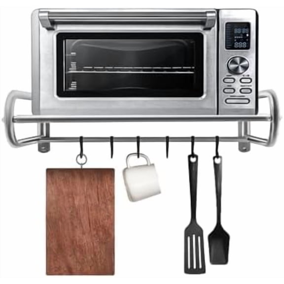 Stainless Steel Shelf, Wall Mounted Floating Shelves Microwave Shelf Oven Rack with 6 Hooks, Metal Storage Organizer Toaster Stand for Kitchen Garage Laundry Room, L20.9*W15*H7.1in