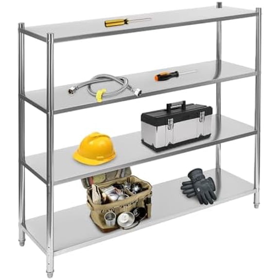 Stainless Steel Shelving 18 D x 61 W x 60 H, 4-Tier Adjustable Shelf, Heavy Duty Unit Stainless Steel Shelving Storage Rack for Kitchen Commercial Office Garage Holds 130LBS Each Tier