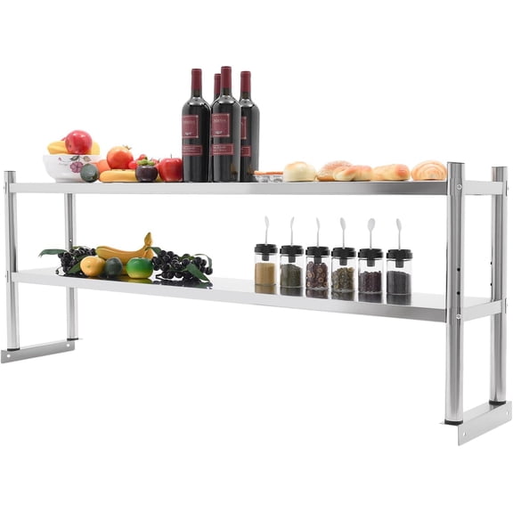 Stainless Steel Shelving Unit 2-Tier Adjustable Height, Heavy Duty Storage Rack for Warehouse, Supermarket, Silver