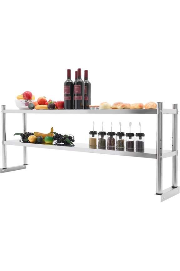 Stainless Steel Shelving Unit 2-Tier Adjustable Height, Heavy Duty Storage Rack for Warehouse, Supermarket, Silver