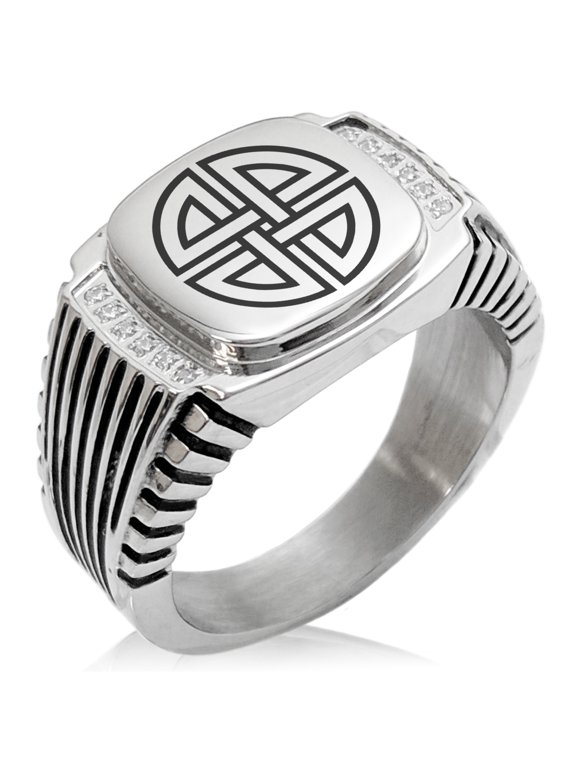 Stainless Steel Shield Knot Viking Norse Rune CZ Ribbed Needle Stripe Pattern Biker Style Polished Ring